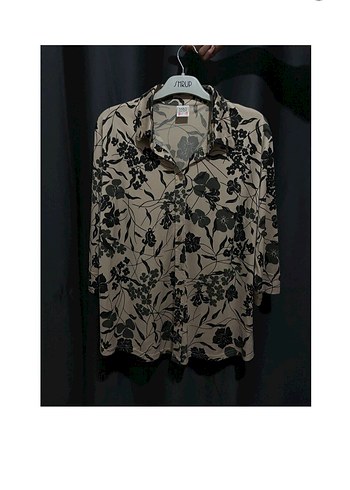 Siyah Çiçek Desenli Bej Uzun Kollu Gömlek - Görsel 4