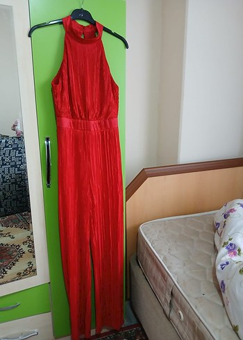 Kırmızı Piliseli Uzun Kadın Tulum - Görsel 9