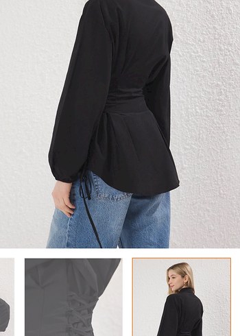 Düğmeli Siyah Denim Bluz, Uzun Kollu, Salaş Kesim - Görsel 3