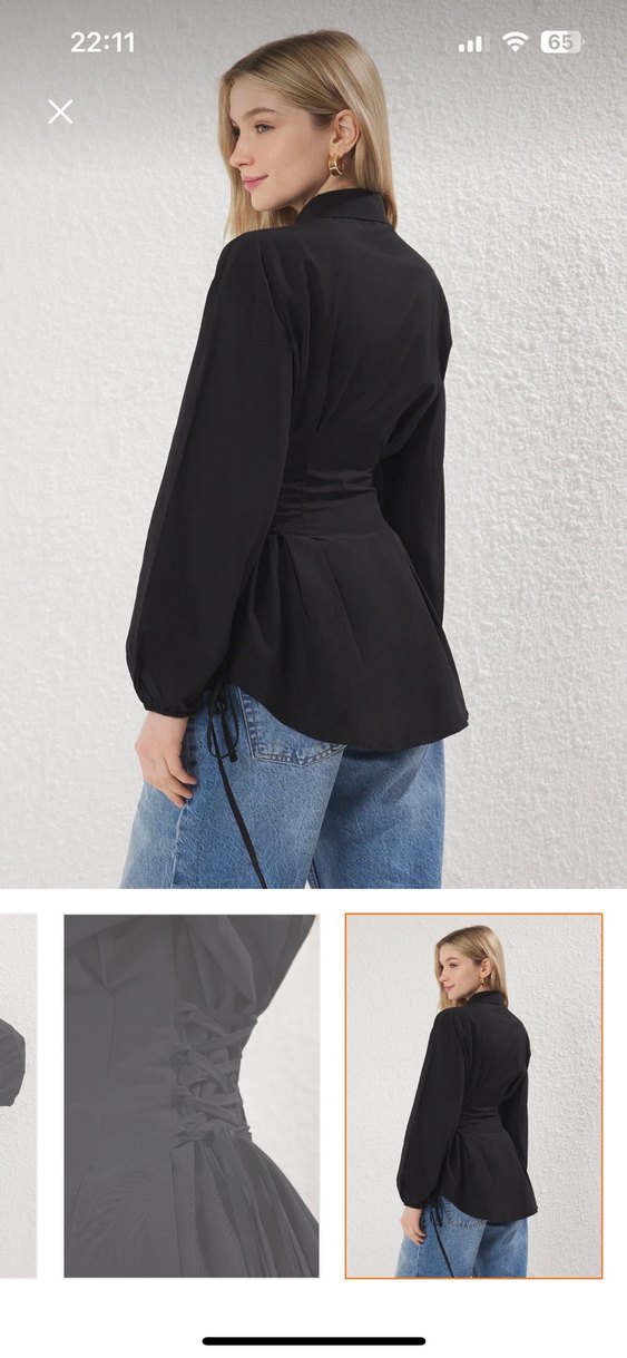 Düğmeli Siyah Denim Bluz, Uzun Kollu, Salaş Kesim - Görsel 3