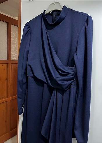 Lacivert Drapeli Uzun Kol Elbise - Görsel 4