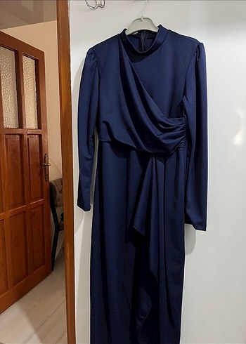 Lacivert Drapeli Uzun Kol Elbise - Görsel 2