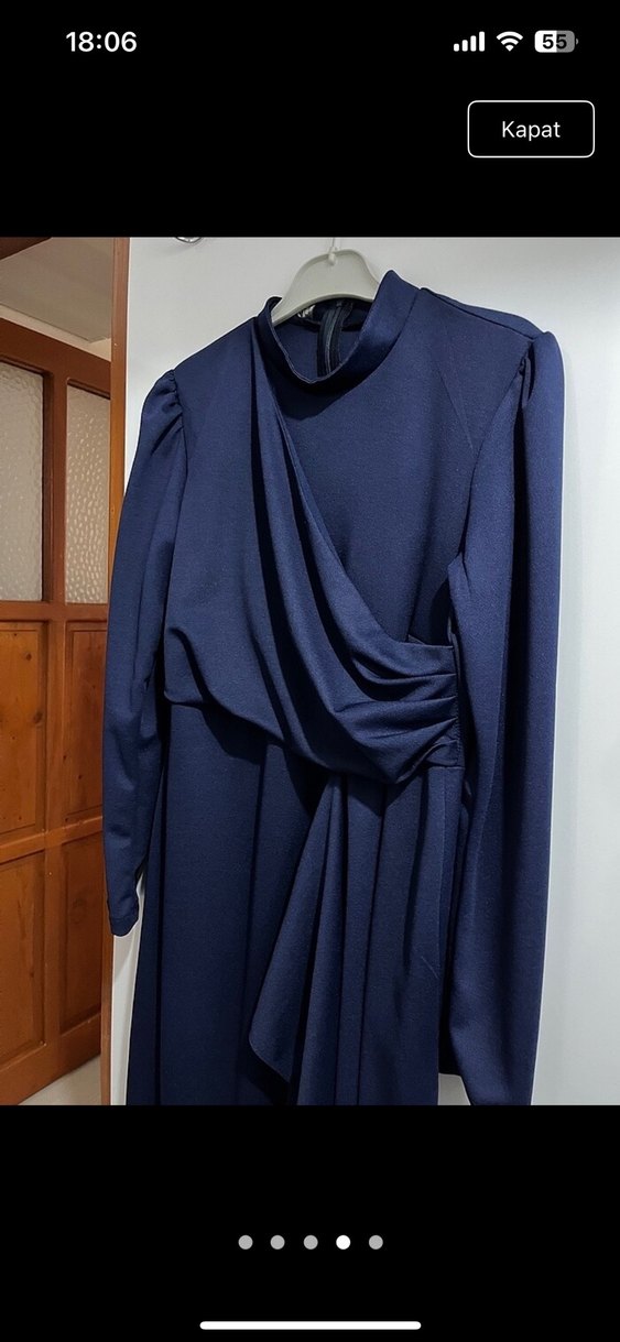 Lacivert Drapeli Uzun Kol Elbise - Görsel 4