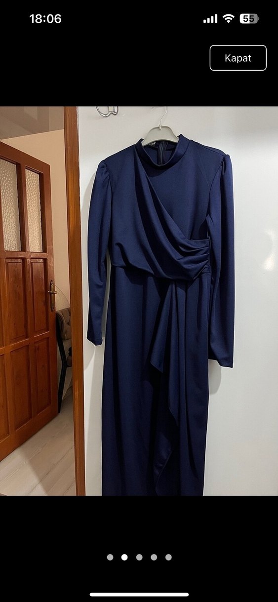 Lacivert Drapeli Uzun Kol Elbise - Görsel 2