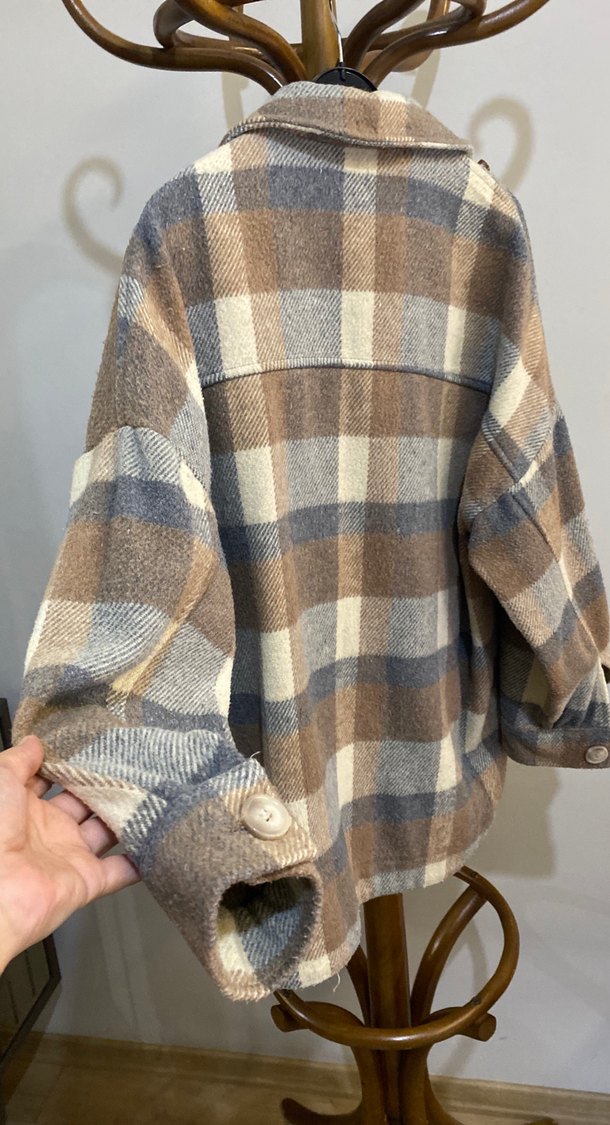 Düğmeli Gri-Kahverengi Ekose Kadın Gömlek - Görsel 4