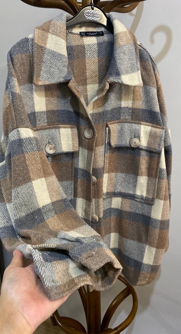 Düğmeli Gri-Kahverengi Ekose Kadın Gömlek - Görsel 2