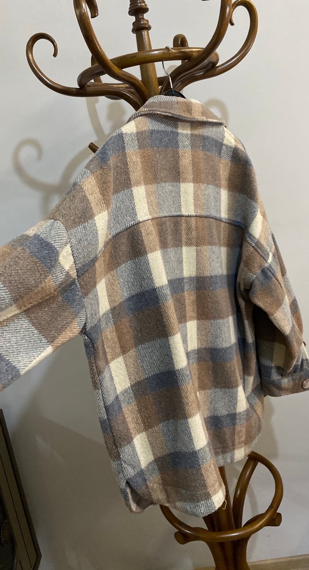 Düğmeli Gri-Kahverengi Ekose Kadın Gömlek - Görsel 5