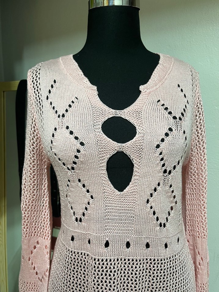 Pembe Bohem Nakışlı Uzun Kollu V Yaka Kazak - Görsel 2