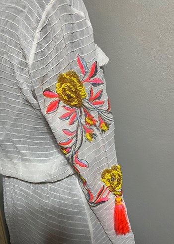 Nakışlı Bohem Uzun Kollu Beyaz Pareo - Görsel 2