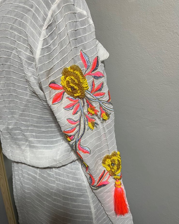 Nakışlı Bohem Uzun Kollu Beyaz Pareo - Görsel 2