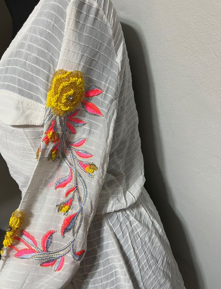 Nakışlı Bohem Uzun Kollu Beyaz Pareo - Görsel 3