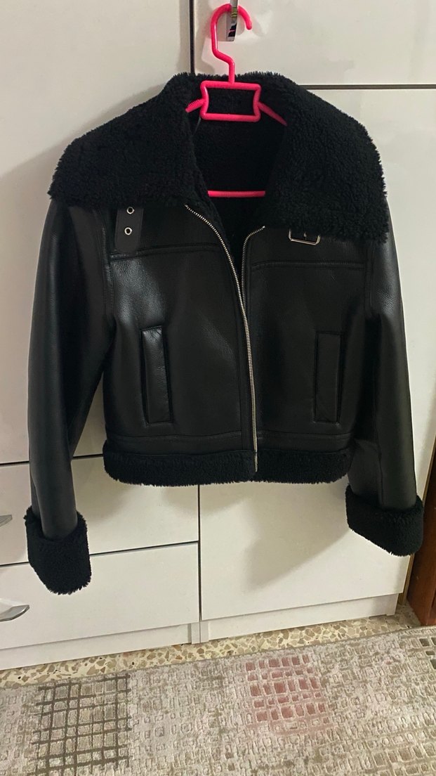 Mango yakası kürklü deri ceket - Görsel 4