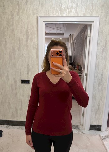 Bordo V Yakalı Kadın Triko - Görsel 2
