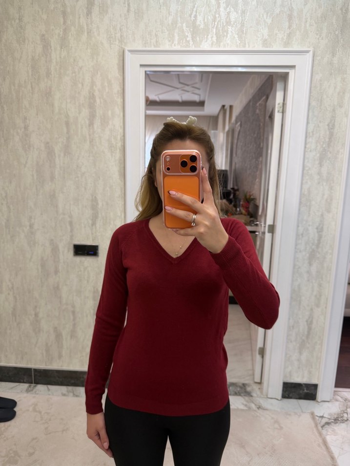 Bordo V Yakalı Kadın Triko - Görsel 2