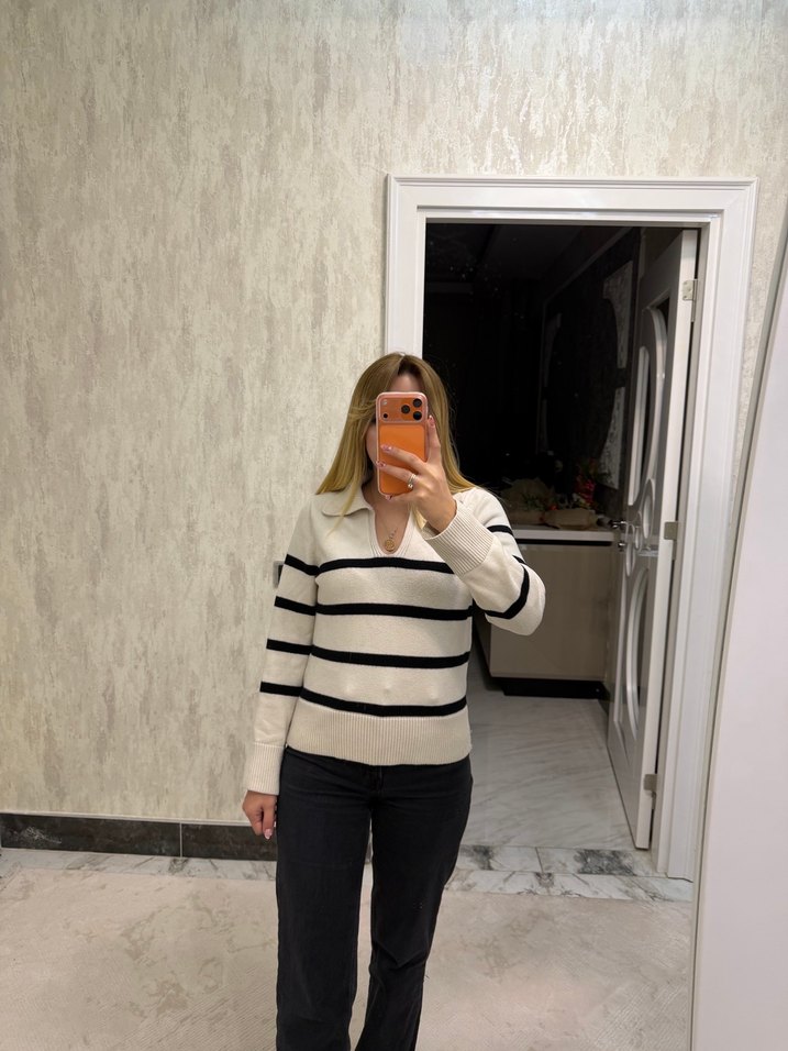 Mango Bej Çizgili Kadın Yün Kazak - Görsel 2