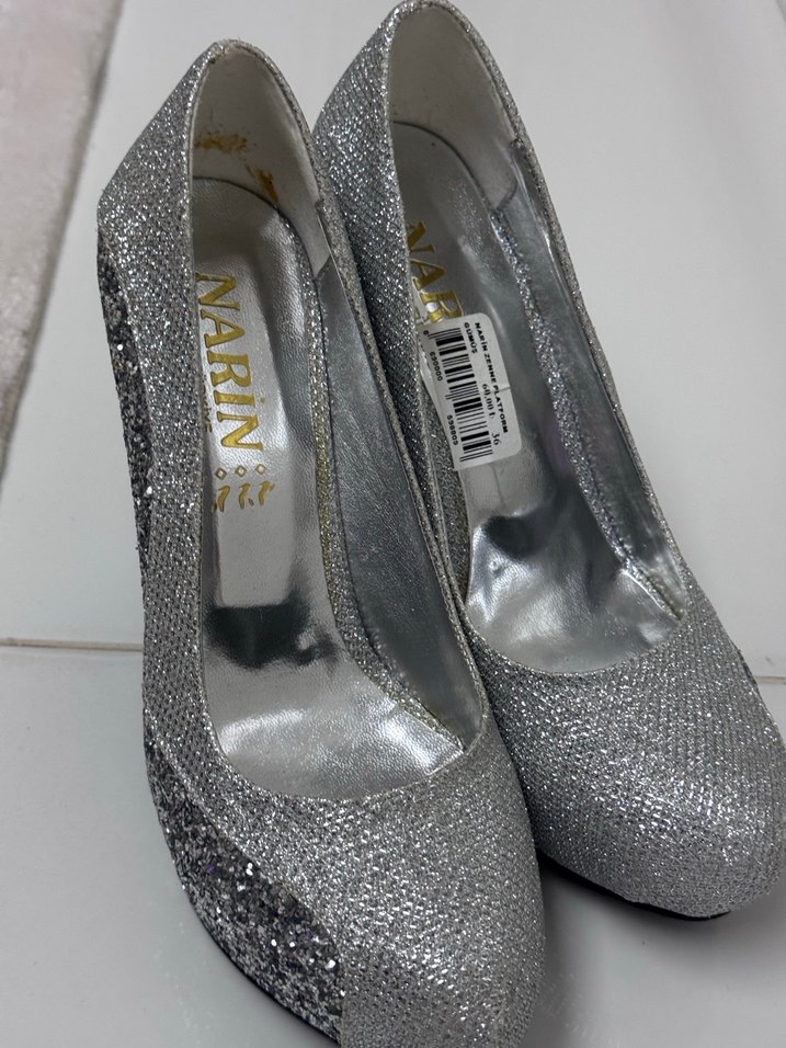 Gri Yılan Desenli Simli Topuklu Kadın Ayakkabı - Görsel 5