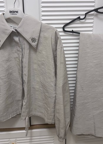 Bej Keten Düğmeli Kadın Gömlek etek - Görsel 2