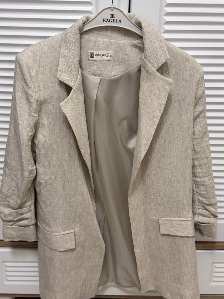 Bej Kadın Keten Blazer Ceket - Görsel 5