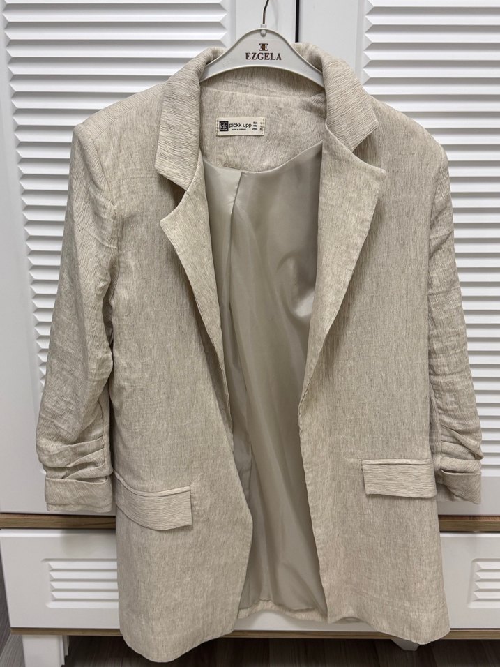 Bej Kadın Keten Blazer Ceket - Görsel 2