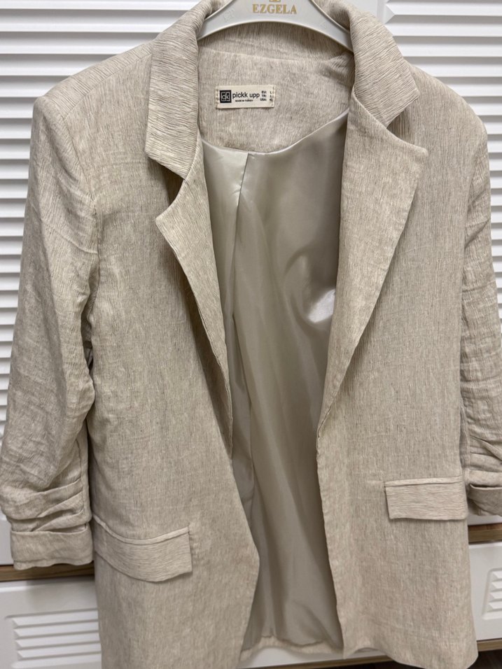 Bej Kadın Keten Blazer Ceket - Görsel 3