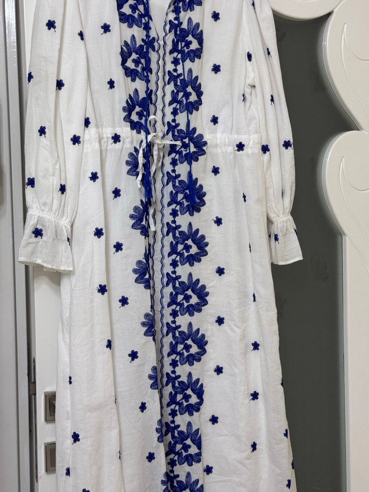 Nakışlı Beyaz Bohem Uzun Elbise - Görsel 2