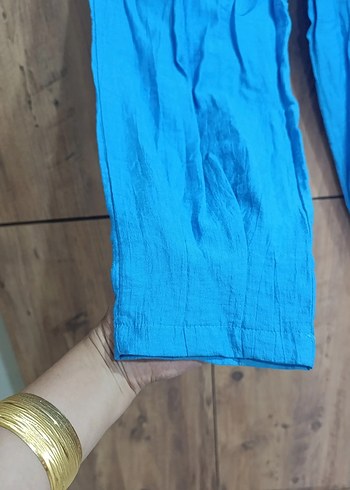 diğer Beden Mavi Kadın Keten Pileli Bol Pantolon