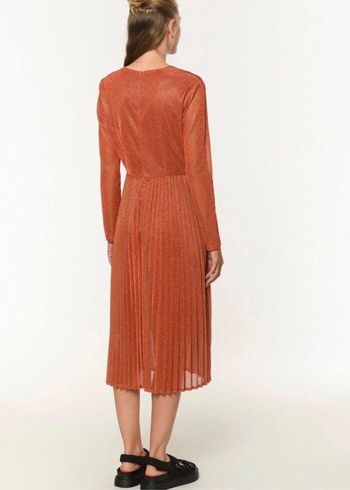 Twist simli kumaş turuncu elbise - Görsel 3