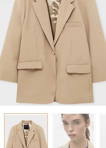l Beden ten rengi Renk Pull&Bear Bej Düğmeli Kadın Kısa Blazer Ceket