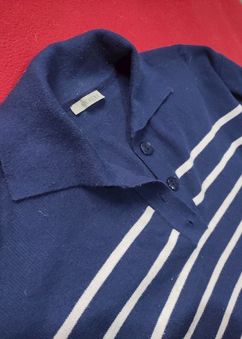 Uzun Kollu Lacivert Çizgili Düğmeli Kazak - Görsel 6