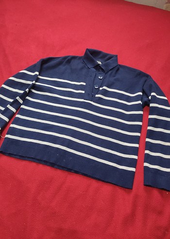 Uzun Kollu Lacivert Çizgili Düğmeli Kazak - Görsel 2