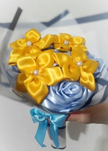 Sarı_ Mavi kurdele buket - Görsel 3