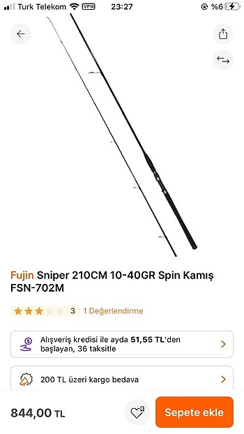 Fujin sniper 10-40 aksiyano sahip 210 cm spin kamış