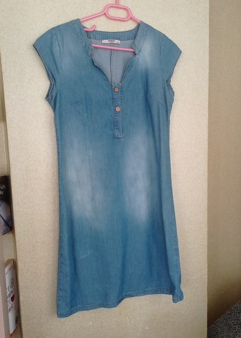 Diğer Mavi Denim V Yakalı Midi Elbise