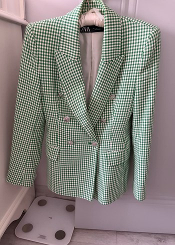 Zara Yesil Beyaz Ekose Cift Sirali Blazer