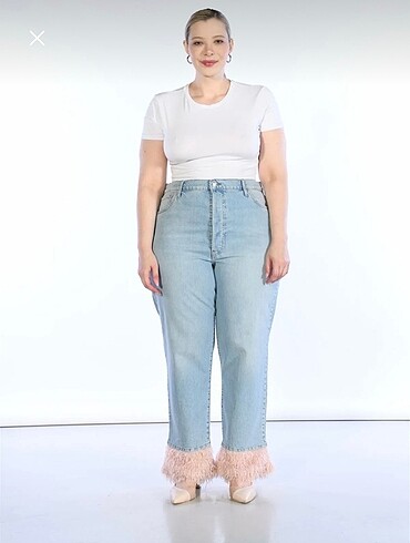 Büyük Beden Açik Mavi Yüksek Bel Paça Püskül Detayli Wide Leg Je