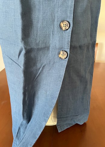 %100 keten askılı önü düğmeli mavi midi elbise - Görsel 3