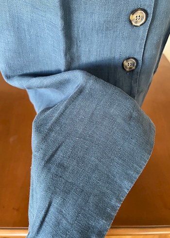 %100 keten askılı önü düğmeli mavi midi elbise - Görsel 4