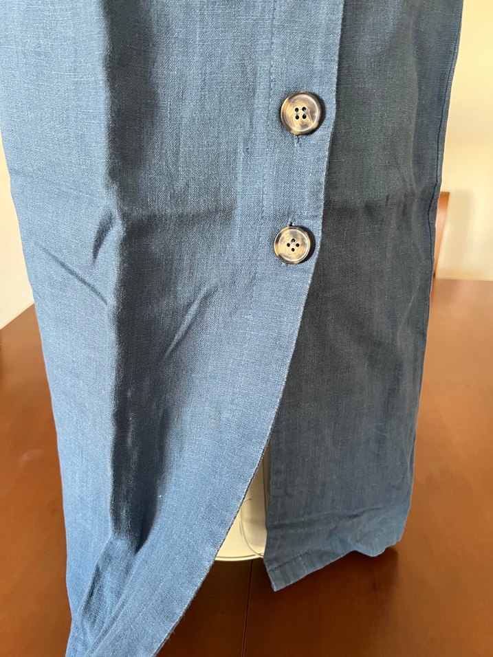 %100 keten askılı önü düğmeli mavi midi elbise - Görsel 3