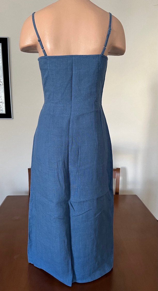 %100 keten askılı önü düğmeli mavi midi elbise - Görsel 5