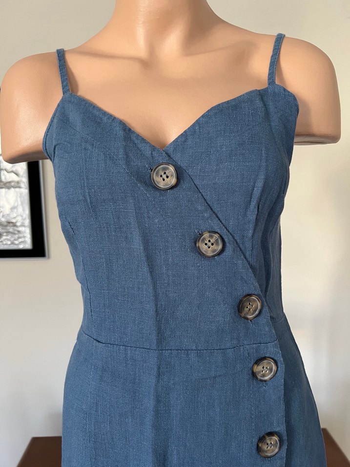 %100 keten askılı önü düğmeli mavi midi elbise - Görsel 2