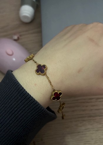 Bordo Zincir Detaylı Bohem yonca van cleef bileklik - Görsel 3