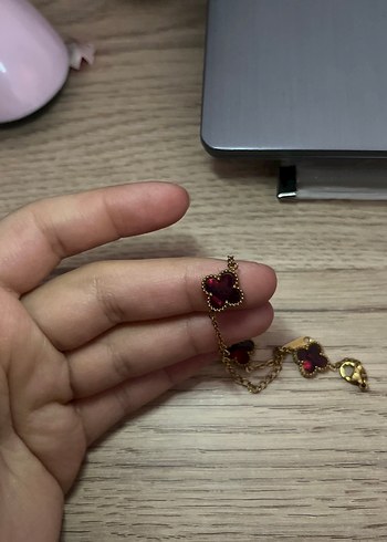 Bordo Zincir Detaylı Bohem yonca van cleef bileklik - Görsel 2