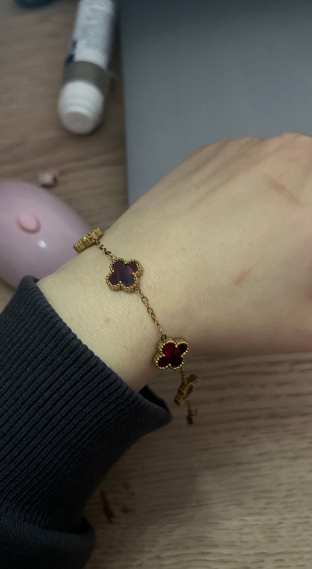 Bordo Zincir Detaylı Bohem yonca van cleef bileklik - Görsel 3