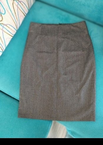 Gri Midi Kalem Etek, Kemer Detaylı - Görsel 2