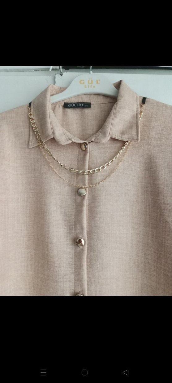 Bej Keten Düğmeli Kadın Gömlek - Görsel 3