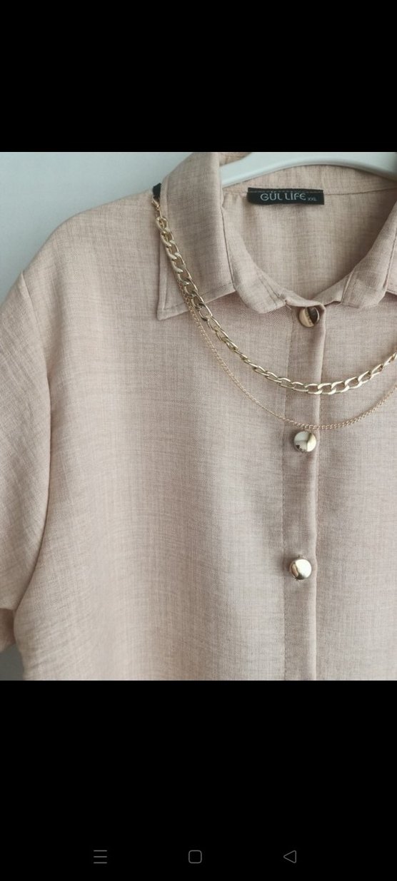 Bej Keten Düğmeli Kadın Gömlek - Görsel 4