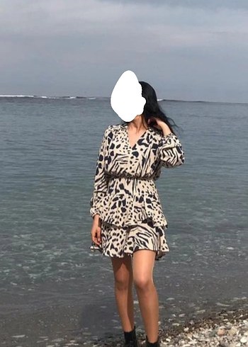 Camel Renkli Zebra Desenli Mini Elbise