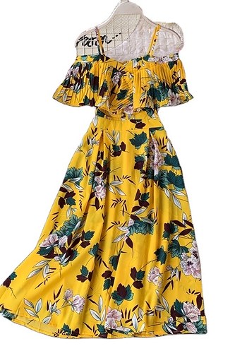 Sarı Çiçek Desenli Straplez AskılıUzun Elbise - Görsel 2