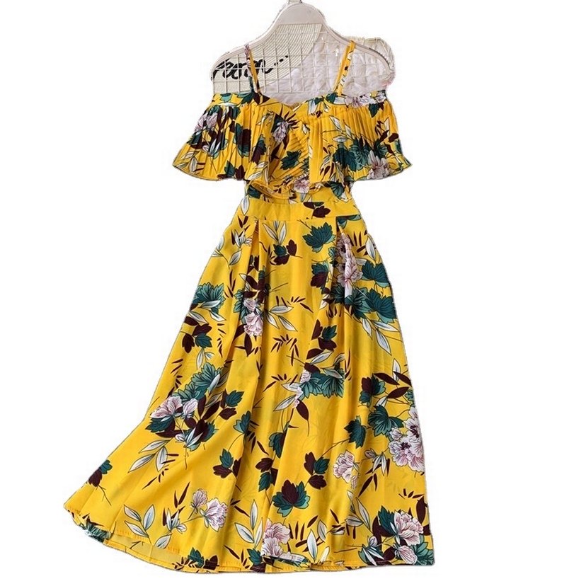 Sarı Çiçek Desenli Straplez AskılıUzun Elbise - Görsel 2