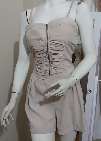 Düz Bej Straplez Kısa Tulum Önü Fermuarlı İp Askılı - Görsel 2